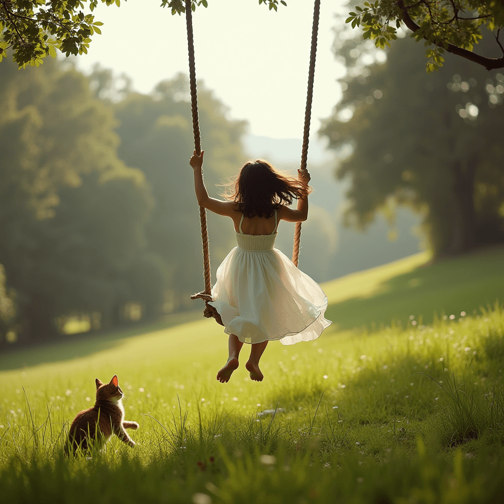 A child in a white dress on a swing with a cat nearby in a sunlit meadow.