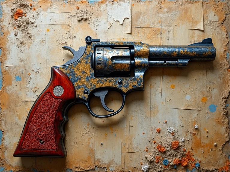 A detailed revolver displayed on an abstract background. The background includes a mix of textures and colors. The artwork showcases various materials with depth and vivid colors. Highlighted gun features a red handle.
