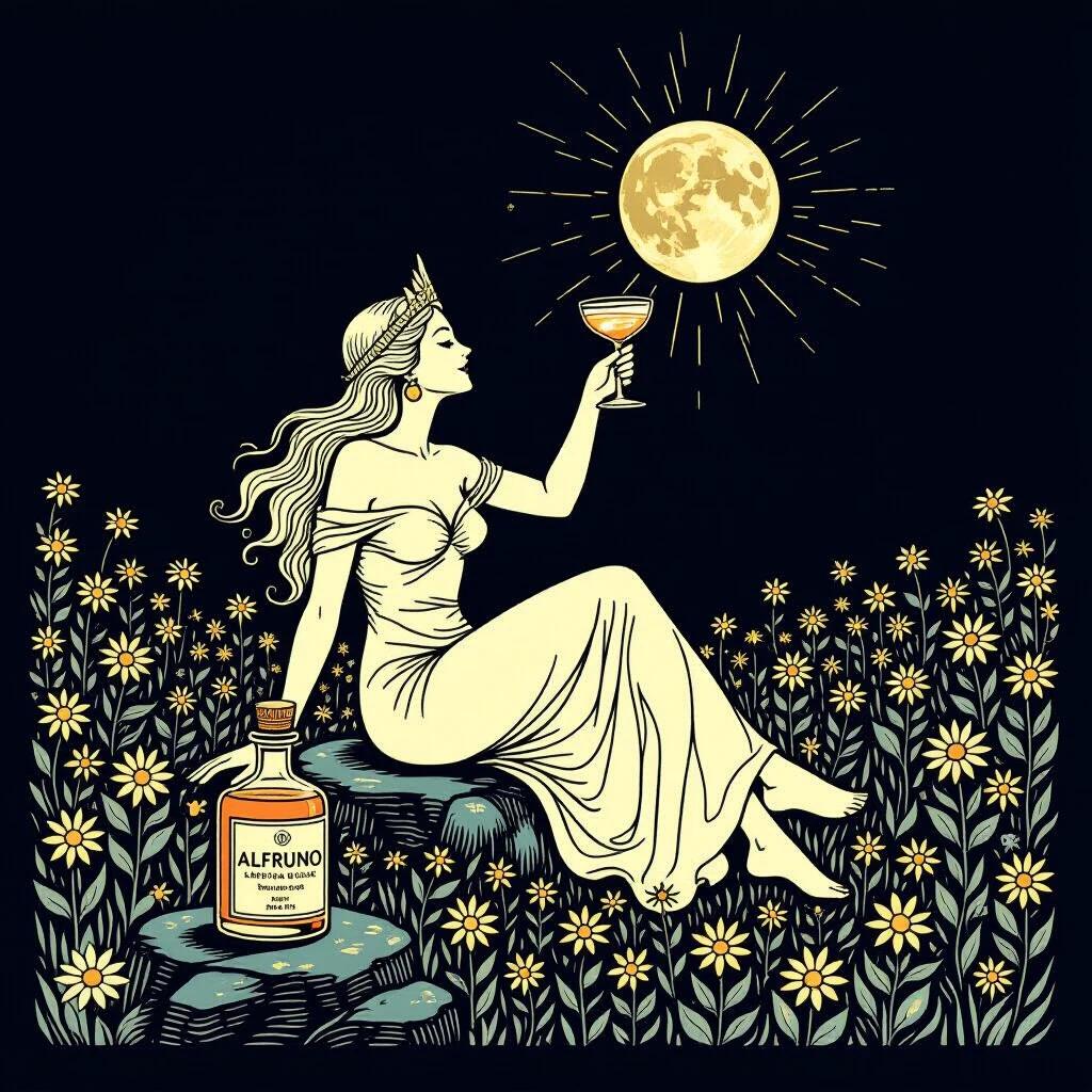 Minimalist line art drawing of Venus goddess distorted and stretched like through a fisheye lens. Seated in wildflower field curving upwards. Offering toast to the moon with cocktail glass. Apothecary bottle 'ALFRUNO' elixir on mossy stone. Soft golden glow around bottle. Bold black outlines on deep indigo background. Inspired by zen art and Aubrey Beardsley.