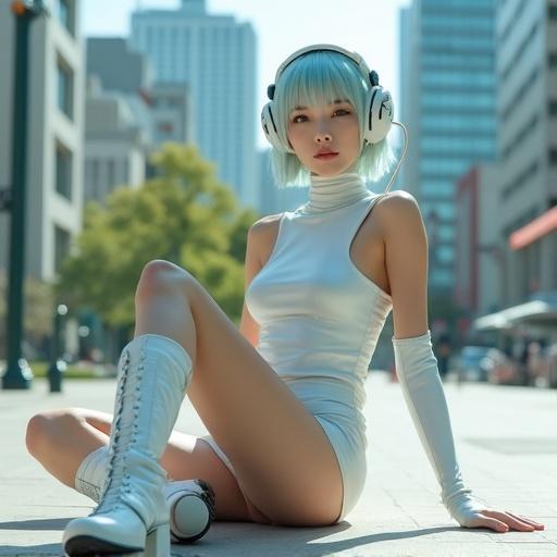 A young woman with light blue bob hair wears a shiny white sleeveless micro skirt dress and futuristic headset. She sits on the ground in a park in Tokyo. A spaceship is nearby. Sunlight shines on her. She wears thigh-high boots and arm covers.