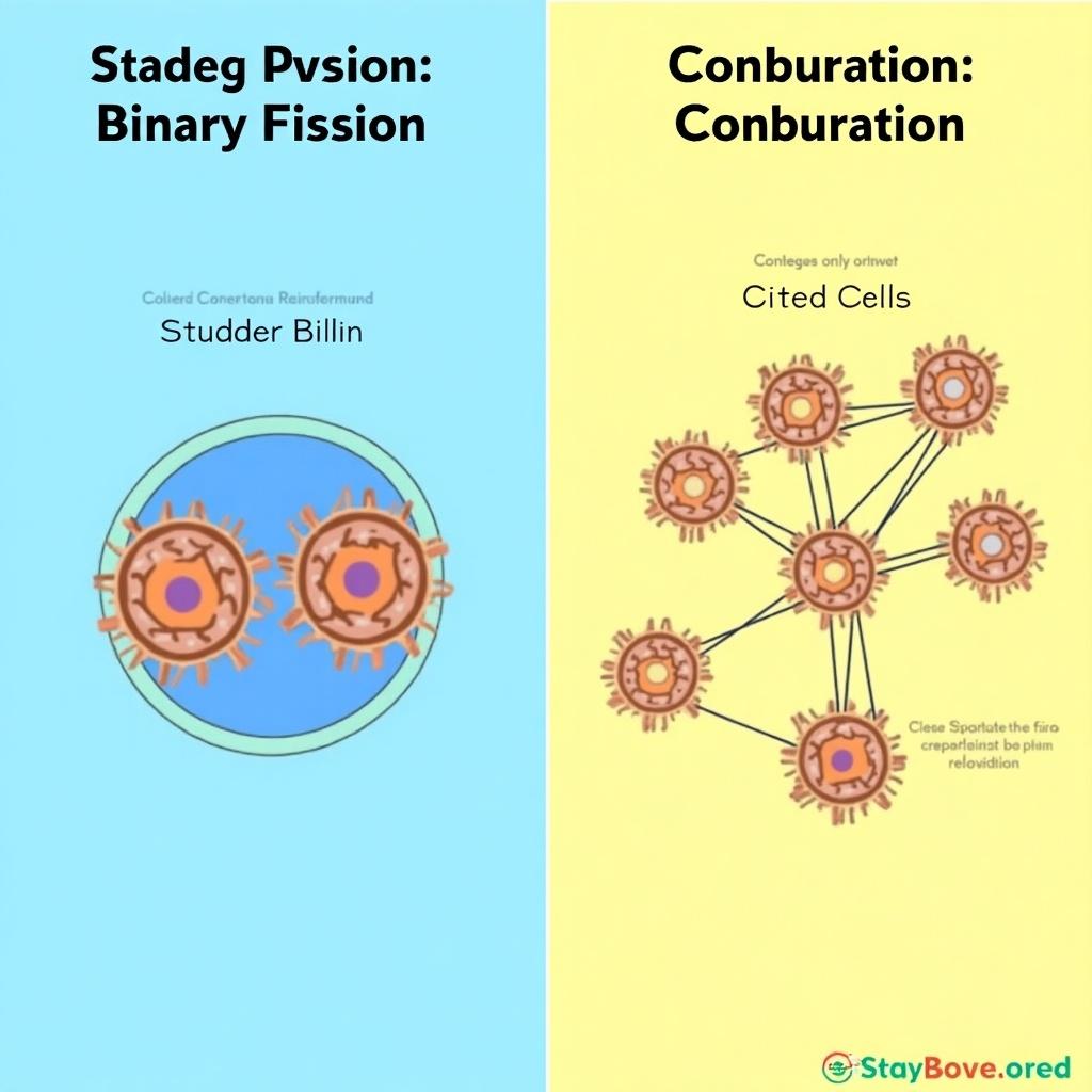 Illustration of two cell division methods. Left side shows Binary Fission with two Studder Billin cells on a blue background. Right side depicts Conburation with Cited Cells connected by strands. Bright colors appeal to science enthusiasts. Clear labels enhance understanding.