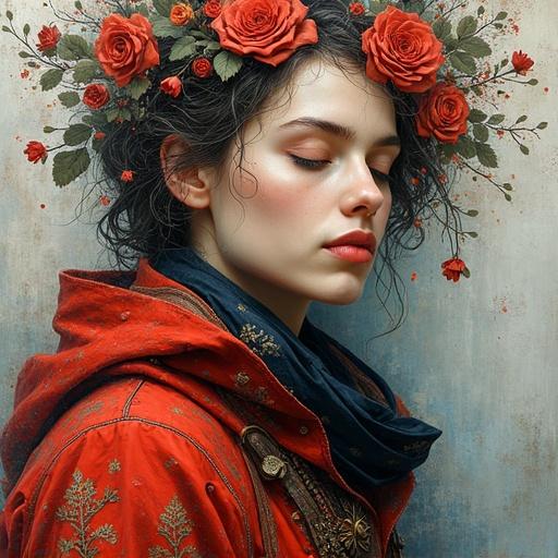 Portrait of a woman surrounded by flowers. She has a serene expression. The background is subtle, enhancing the blooms in her hair. The attire is stylish and vibrant.