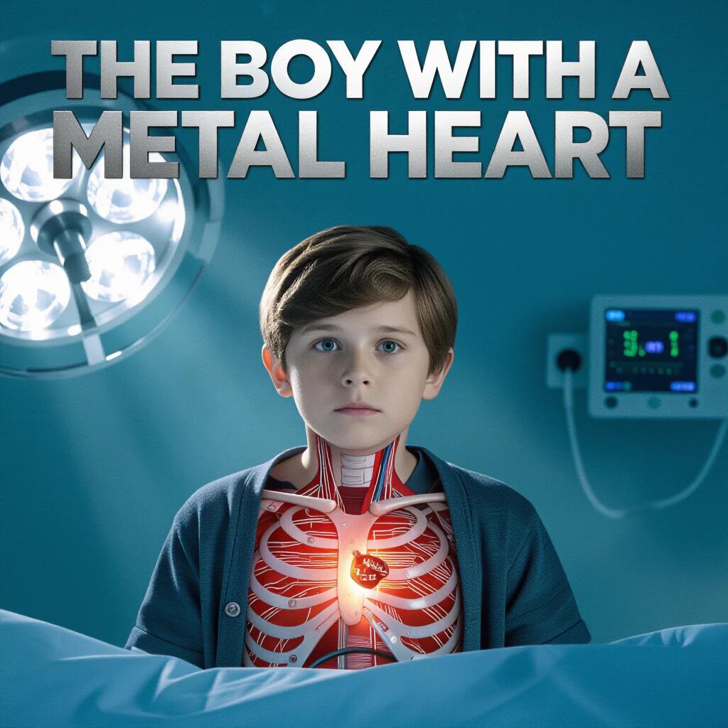 Movie poster for THE BOY WITH A METAL HEART. Title in industrial sans serif against brushed steel. Jacob Tremblay appears with circuitry visible under ribcage. Wide-eyed expression under hospital lights. Predominantly cool tones and chrome accents. High-quality sterile realism.