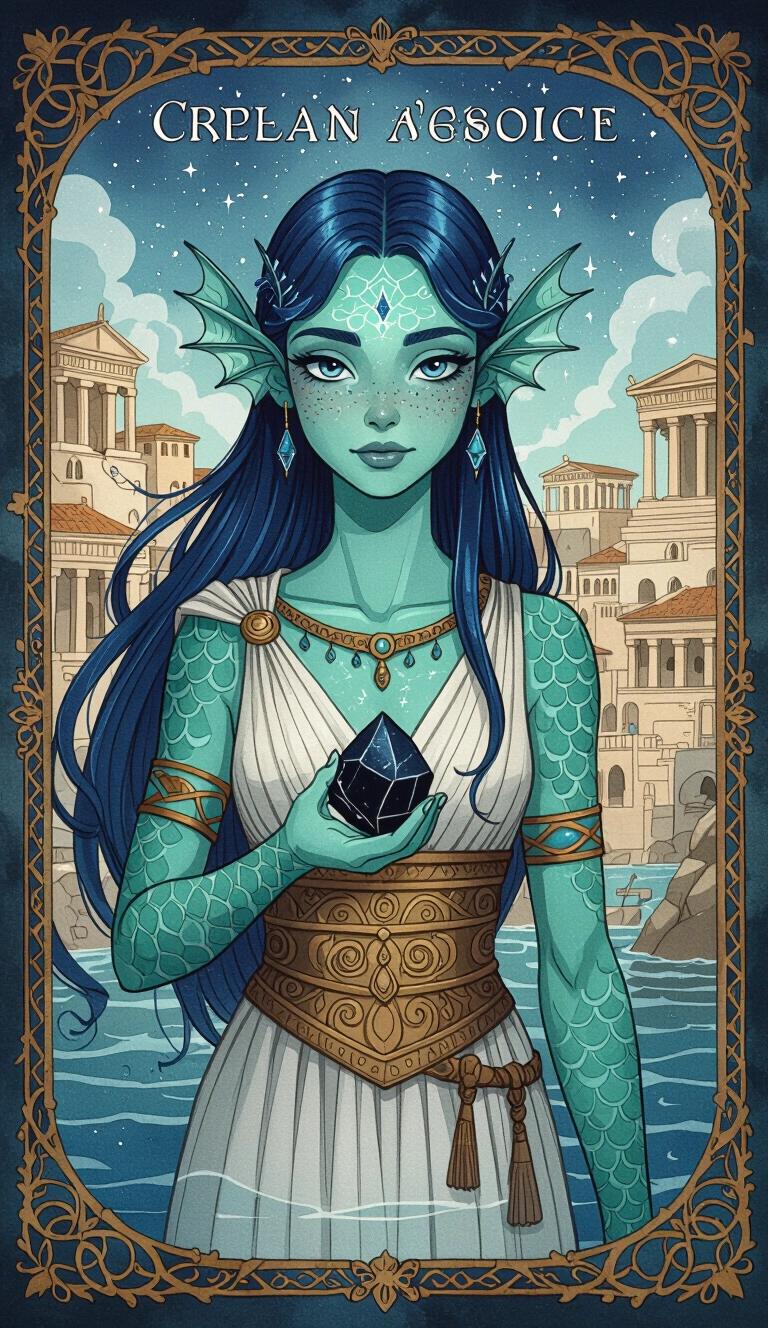 Dark watercolor illustration features a Triton female with green-blue scaled skin dressed in ancient Greek clothing holding a magic black stone against an Ancient Grecian fantasy port city. Character has long blue slicked-back hair with youthful features and star connections. Full body portrayal with stunning details and background.