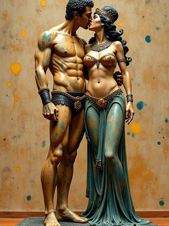 3D sculpture of a couple in an intimate pose. Man has a muscular build. Woman is wearing a bikini-style outfit. The statue features splashed colors on a textured background. Symbolizes romance and artistic beauty.