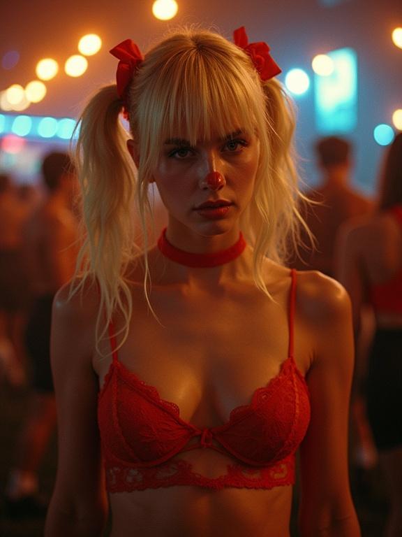 Model dressed as a clown with lingerie and pigtails. She has ribbons in her hair and is at a Halloween party. The photo has a vintage 90s film aesthetic.