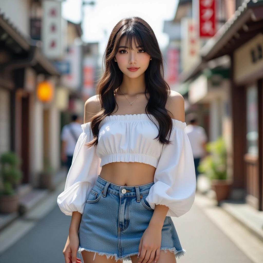A fashionable Japanese girl walks on a street in a trendy outfit. She wears a white crop top with puffed sleeves and denim shorts. Street lined with shops in the background. Bright and lively urban setting.