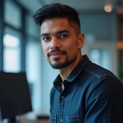 A Colombian computer engineer faces the camera. He has very short hair. He works with a team in a modern office setting. Bright lighting highlights his features.