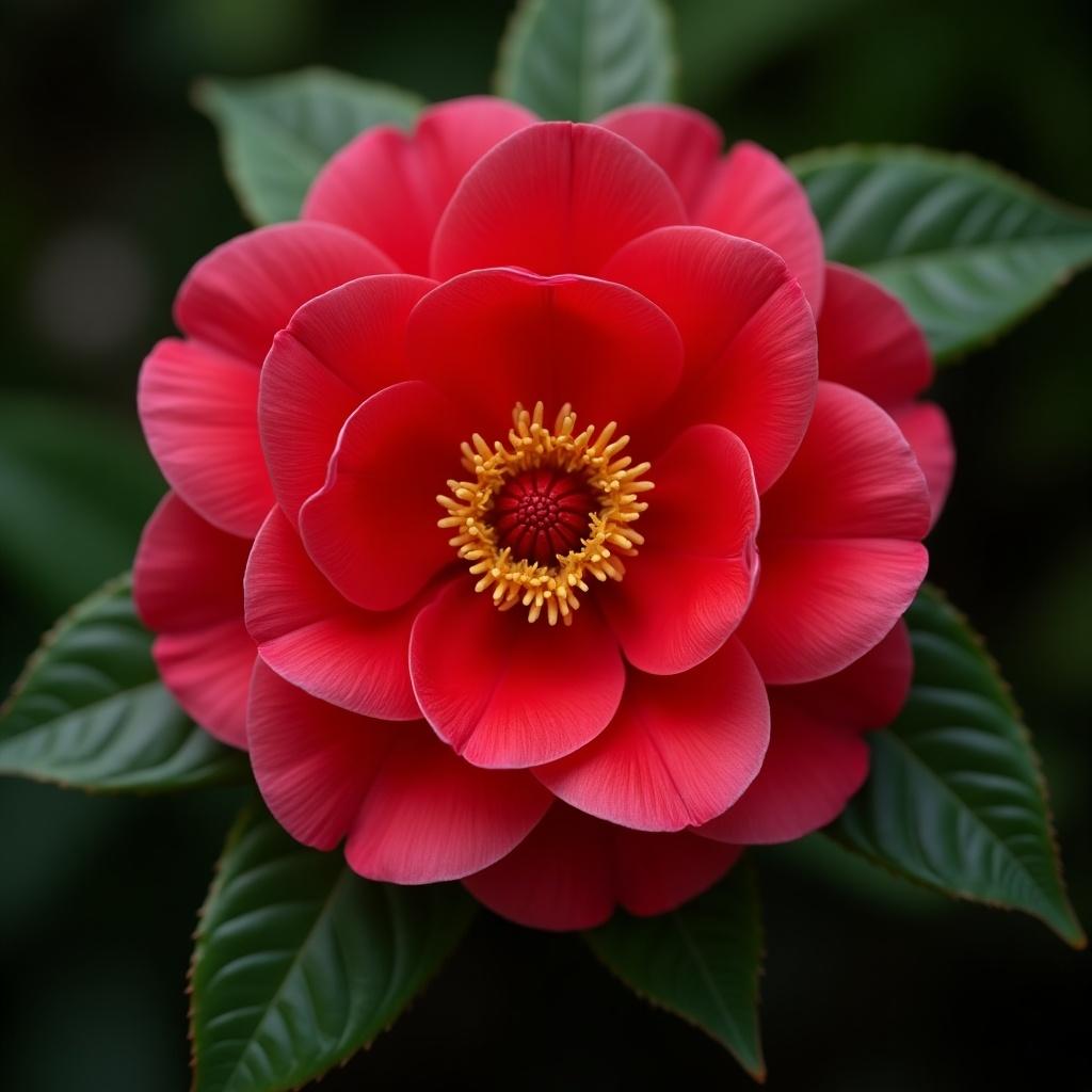 This image features a vivid red camellia flower, known for its striking beauty. The flower showcases layers of rich red petals, creating a lush appearance. Golden stamens provide a stunning contrast in the center of the flower. Surrounding the bloom are deep green leaves, adding to the overall vibrancy. The lighting beautifully captures the texture and details of the petals, making the flower appear almost lifelike. This close-up view emphasizes the intricacy of nature's design and the allure of floral beauty.