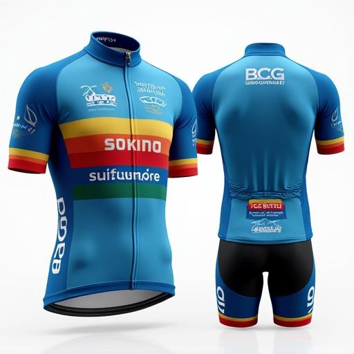 Professional cycling kit showcasing jersey and shorts for a club in Portugal. Features bright blue colors with red and yellow accents. Name on left breast. BCG Group logo prominently displayed on back. Relates to cycling, culture, and food.