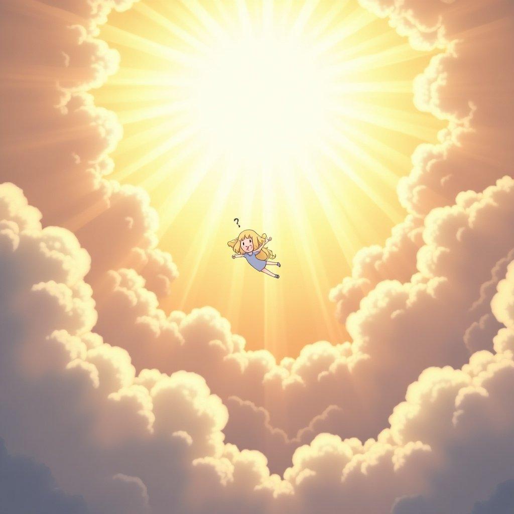 Bright light emerges from clouds. Ethereal scene filled with soft golden hues. Sky background with clouds and illumination. Flying anime girl expressing excitement.