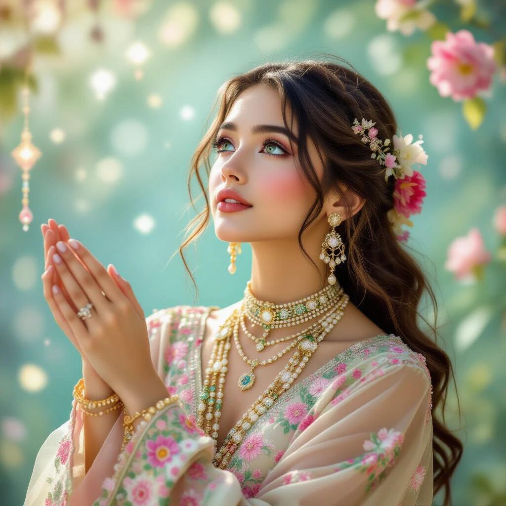 A young woman gazes upwards. Green eyes radiate wonder. She wears a pastel-hued embroidered outfit with intricate designs. Jewelry cascades across her neck. The background is colorful and dreamy. Flowers accent her hair. Mood is tranquil and whimsical. Scene invites immersion in a fantastical realm.