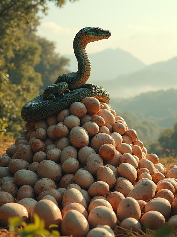 Majestic serpent with scaly skinned olive green, brown and rusty red, perched on a conical mound of large oval eggs in a sunlit outdoor setting, with lush vegetation and a misty atmosphere