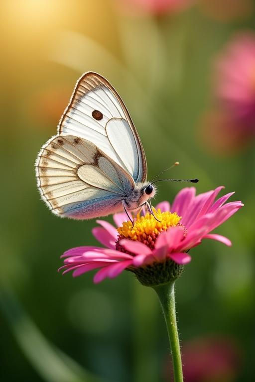 Butterfly with white wings and dark pink elements is sitting on a bright pink flower under sunlight. The setting is a blooming garden filled with flowers.