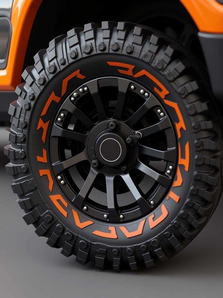 Close-up view of a wheel rim designed for an electric off-road car. The design features a black and orange color scheme. There is a focus on the intricate wheel design and the texture of the tire.