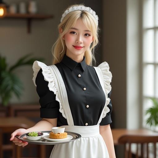 A full-body portrait of a young woman in a maid café uniform standing gracefully. She holds a silver tray with a teacup and dessert. The uniform is black and white with lace and frills. Hair is styled in waves with a lace headband. The setting is warm and inviting.
