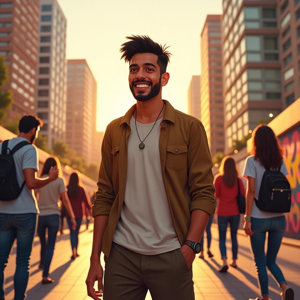 A young man smiles in a city setting during golden hour. He wears a casual outfit and stands confidently. People walk in the background. The scene features modern buildings and an urban vibe.