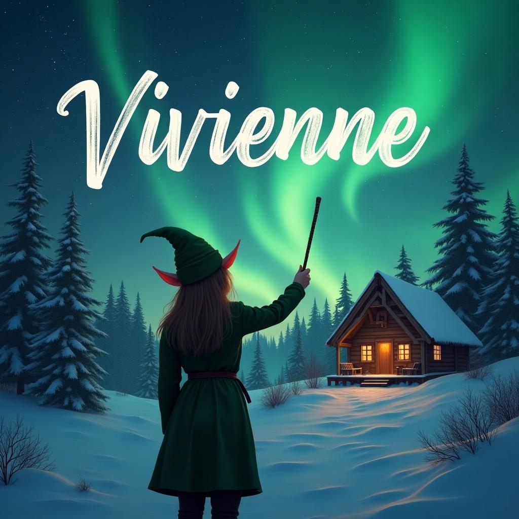 Elf stands with back to viewer. Elf writes names in the air with wand. Background features magical northern lights and cozy cabin. Name 'Vivienne' inscribed in sky.