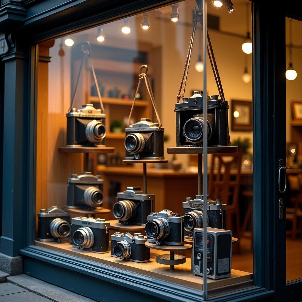 The image features a charming store window that showcases a collection of vintage cameras. Each camera appears to be meticulously arranged to highlight their retro aesthetic. The warm lighting inside the store creates an inviting ambiance, enhancing the allure of the displayed items. This setup is appealing to both photography enthusiasts and those with a fondness for nostalgic collectibles. The overall environment reflects a love for the art of photography and vintage items.