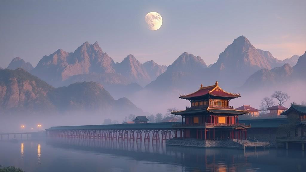 A serene scene featuring a traditional building by the water with mountains in the background and a full moon overhead.