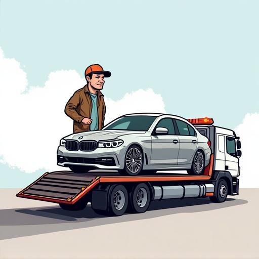 Cartoon logo depicting a commercial man beside a flatbed tow truck carrying a BMW car. Fun and engaging design for a towing service.