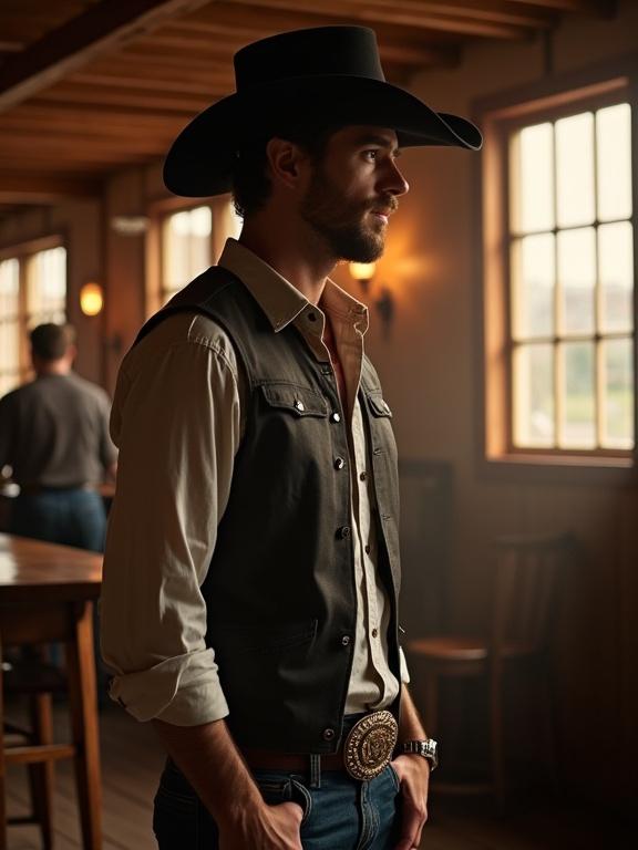 Profile of a cowboy in a saloon. Cowboy wearing a black hat and a vest. Warm lighting in a rustic setting. Silhouette against windows.