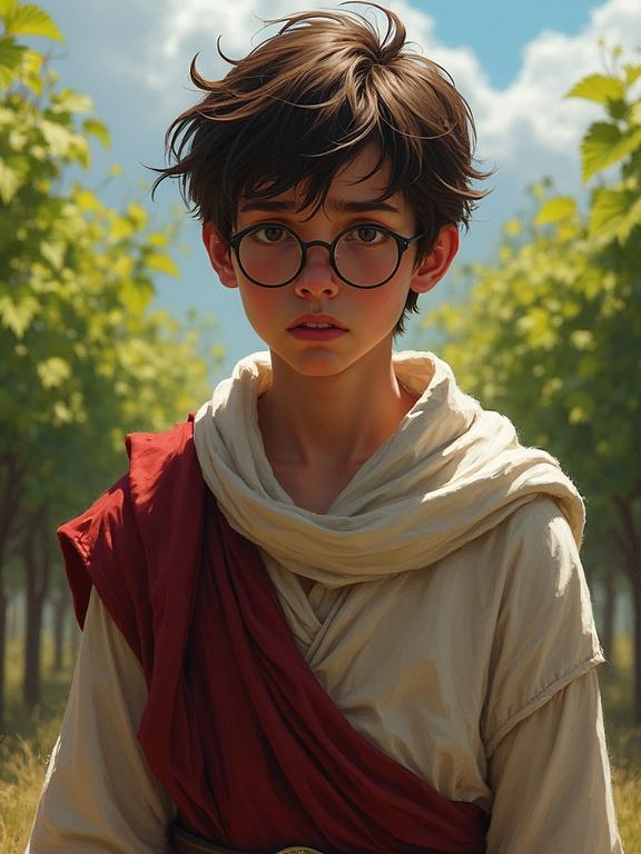 A young timid man in his early 20s wearing round glasses and robes. He appears worried and pensive. The background features outdoor vines. The style is a digital art painting inspired by Grzegorz Domaradzki and others, in a semirealistic fantasy genre.