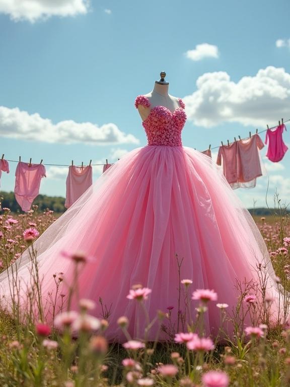 A grand ball gown made of vibrant pink flowers and soft pink tulle floats in a field of pink wildflowers and tall grass. A clothesline with pink and white garments hangs from clothespins. The clear blue sky has scattered white clouds.