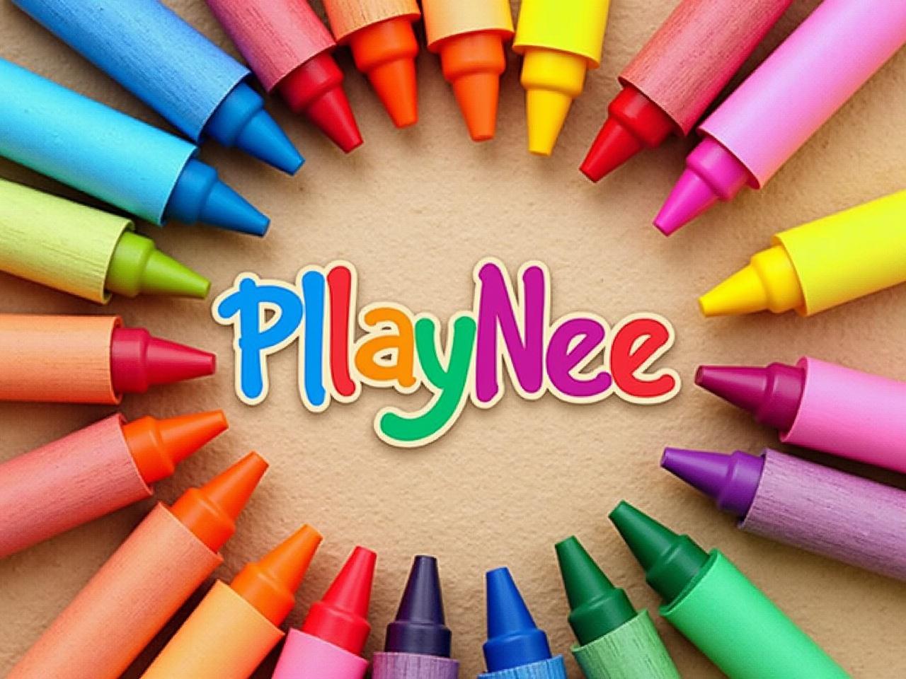 The image showcases a colorful design featuring a variety of crayons arranged in a circular fashion. The crayons include vibrant colors like blue, red, yellow, pink, green, and orange, creating a playful and inviting look. In the center, there's the text 'PlayNee' in a fun, whimsical style that complements the colorful theme. The background is made of textured brown paper, giving a natural and artistic feel to the design. This image conveys a sense of creativity and fun, ideal for children's arts and crafts.