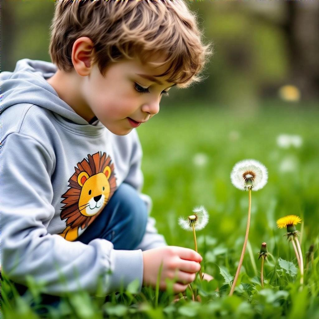 A young boy inspects a dandelion in the grass while wearing a grey sweatshirt with a lion print.