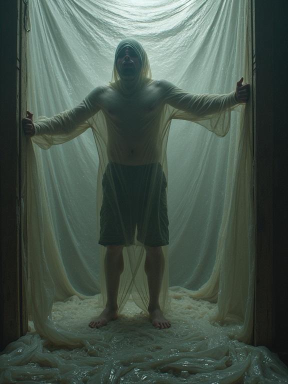 A human figure trapped under a translucent rubber sheet. The figure stands with arms outstretched in a dramatic pose. The background is blurred with a misty atmosphere. Soft fabric envelops the figure creating a sense of mystery. Natural barefoot stance on a textured floor. Emphasis on light filtering through the fabric.