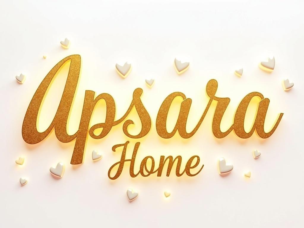 3D render of 'APSARA Home' in shimmering golden cursive. Letters detailed with diamond-like shimmer. Golden glowing hearts scattered. Solid white background. Captivating cinematic atmosphere. Artist's signature with small scorpion outline.