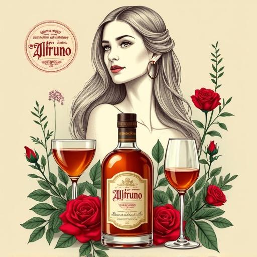 Stylized illustration features a central apothecary-style bottle of liquor labeled 'Alfruno' with an ornate vintage-style label. Two elegant stemmed glasses filled with amber liquid flank the bottle. Red roses and green foliage surround the elements. A detailed line drawing of a woman's face with long hair is above the bottle. Her expression is serene, adorned with hoop earrings. The background is muted beige with red circular text reading 'Genuss aus dem Garten der Natur - wild und besonders'. Layout is symmetrical and balanced with a vintage aesthetic.