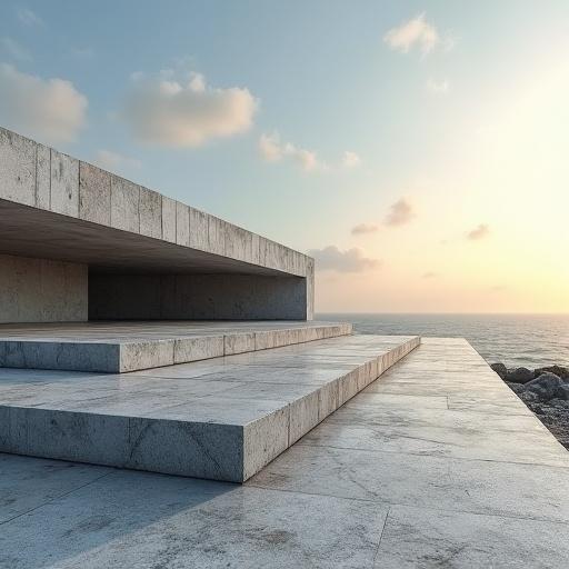 Granite slabs arranged in a flat and horizontal manner showcase abstract architecture. Ocean in the background against a sunny sky. The structure appears abandoned yet maintains a modern aesthetic.