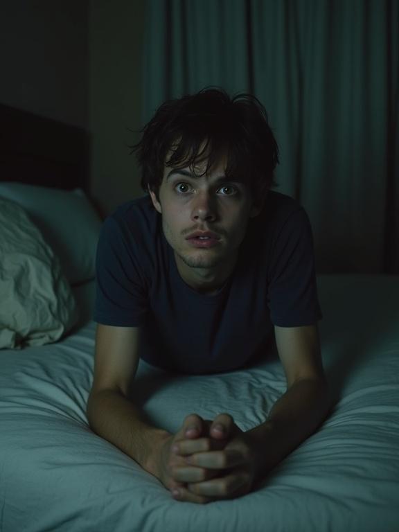 Medium shot in dark bedroom. Young man displaying weariness and emotional struggle. Clutching hands together. Face shows internal torment and heavy air implies grief. Shallow breathing visible.