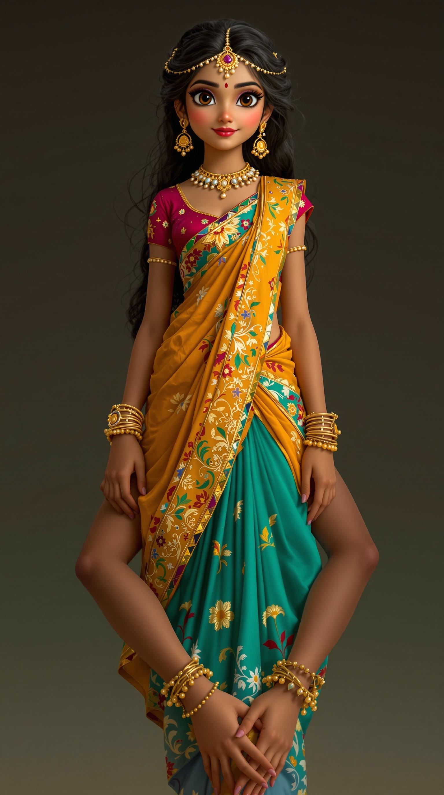 This illustration features a young and delicate princess, exuding an innocent charm. She is adorned in a brightly colored lehenga, showcasing intricate embroidery that reflects her heritage. The princess carries herself with a grace that highlights both elegance and simplicity. With large, expressive eyes, she radiates warmth and enthusiasm for learning, particularly in dance and music. Her respectful nature towards her teacher, Brihannala, adds depth to her character during the Pandavas' incognito exile. This image encapsulates themes of curiosity and reverence in a traditional cultural context.