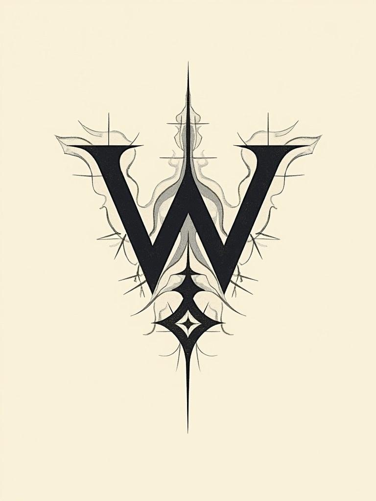 Illustration features the letter W. Sharp and angular design. Emphasis on symmetry and precision. Style similar to alchemical diagrams. The background is a simple shade.