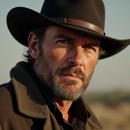A western character with a strong and rugged appearance. The character wears a dark cowboy hat and has a well-groomed beard. The setting appears to be an expansive outdoor area with a sense of adventure.