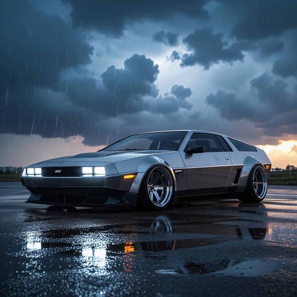 A parked angular futuristic low rider car under storm clouds. Dark scene with rain. Low-angle shot capturing dramatic lighting on the vehicle.