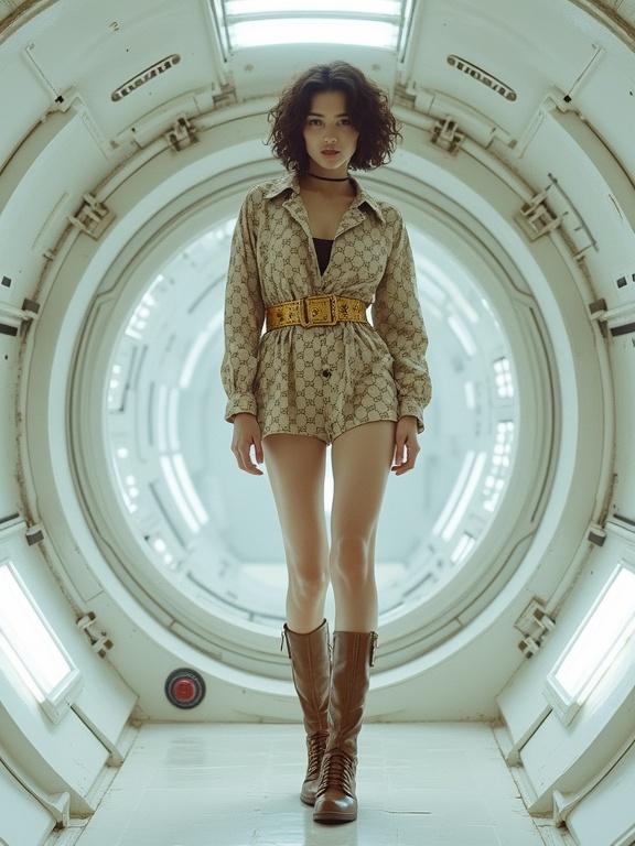 Korean supermodel with short curly hair stands in a futuristic spaceship interior. Dressed in a beige and brown printed Gucci outfit with a belted jacket and shorts. The model's tall boots feature monogrammed detailing. She exhibits an angry and determined expression. The background shows a white bulkhead door enhanced by mechanical designs. Bright lighting creates soft shadows, emphasizing her fierce posture. The shot captures both the model and the spaceship details.