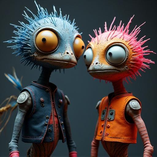 Two characters inspired by Machinarium. They have large eyes and spiky hair with deep-blue medium-blue bright-pink and orange colors. They wear vests and have a whimsical appearance.