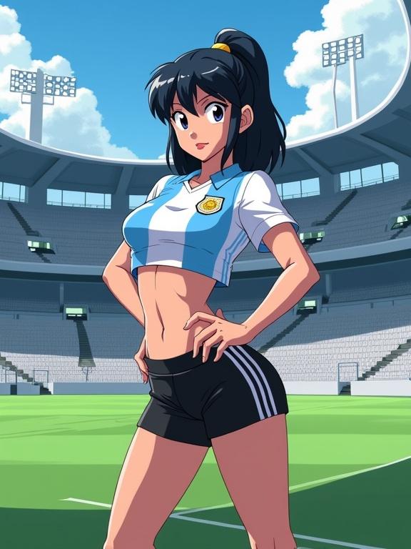 A digital illustration of a seductive female character wearing an Argentinian National team soccer jersey and black athletic shorts. The character poses provocatively in a professional soccer stadium with curved rows of empty seats and a green grass pitch. Lighting creates soft shadows across the scene, emphasizing the character's features. The artwork is cel-shaded with detailed backgrounds.