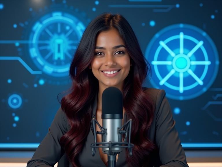 Stunning Indian girl with brown skin and dark wavy hair in a professional podcast setup. Warm gaze with a sleek microphone in front. Digital tech background with circuits and neural patterns. Balanced lighting enhances an innovative vibe.