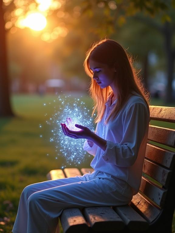A serene young woman sits on a wooden park bench during golden hour. She holds her cupped hands with glowing bioluminescent creatures resembling fireflies. The creatures emit blue and violet light illuminating her face. The background shows a city park with trees and grass in soft focus. The composition creates a blend of reality and fantasy with a peaceful atmosphere. Ultra-detailed in sharp focus.