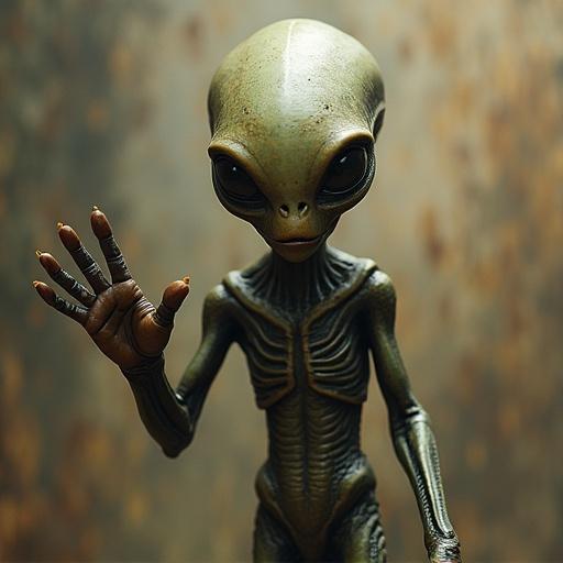 Image showing an alien character with a green and gray skin tone. Alien has large eyes and a elongated head. Hands are raised in a greeting gesture.