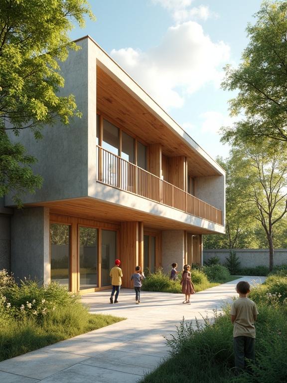 Modern school building in architectural visualization. Children playing in the garden. Photo realistic image in the morning. Emphasis on outdoor space with greenery. Built with wood and concrete materials. Rule of thirds applied in composition.