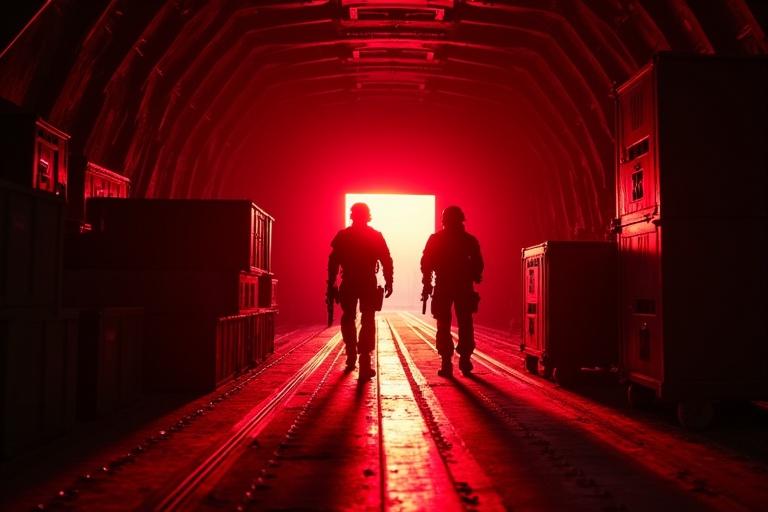 Inside military cargo plane. Two soldiers in tactical uniforms walk cautiously. Bright red light shines intensely. Shadows shift across the floor and crates. Camera low behind equipment optimized for tension and cinematic effect.
