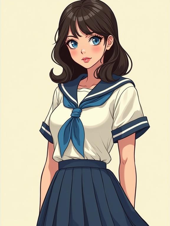 Full body portrait of a female character with a heart-shaped face and plush pink lips. She has blue eyes, thick lashes, and a button nose. Dark brown hair styled shoulder length with a blue scrunchie. The character has a comically top-heavy appearance and wide thighs. She wears a school uniform with a white top and blue skirt. The setting is trendy with soft lights and smooth lines.