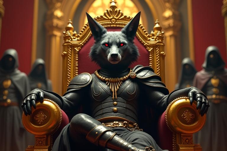 Detailed scene set within a throne room during daylight. An anthropomorphic gray jackal sits arrogantly on a golden throne with glowing red eyes. He wears gleaming black armor and a bone necklace. Shadow warriors stand menacingly around. A defeated orange-white tiger kneels in chains in front of the throne. The room features vivid contrasts of gold and black, highlighting the theme of tyranny.