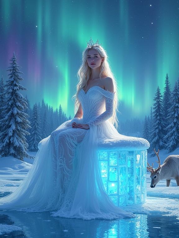 Portrait of an ethereal princess with dresses woven from polar light. Seated on an ice throne. Surrounded by a snowy forest and illuminated by multi-colored auroras. Silver-furred deer drinking from a crystal-clear lake. Snowflakes falling in slow motion.
